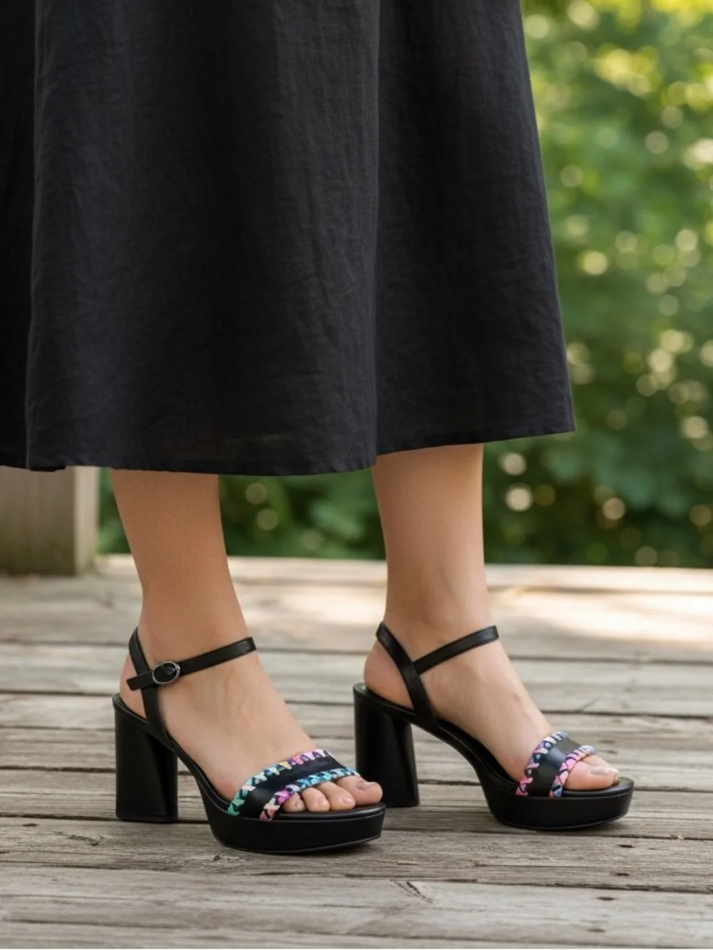NWOB Karl Lagerfeld Black Platform Sandals with Rainbow Braided Straps Size 6.5M